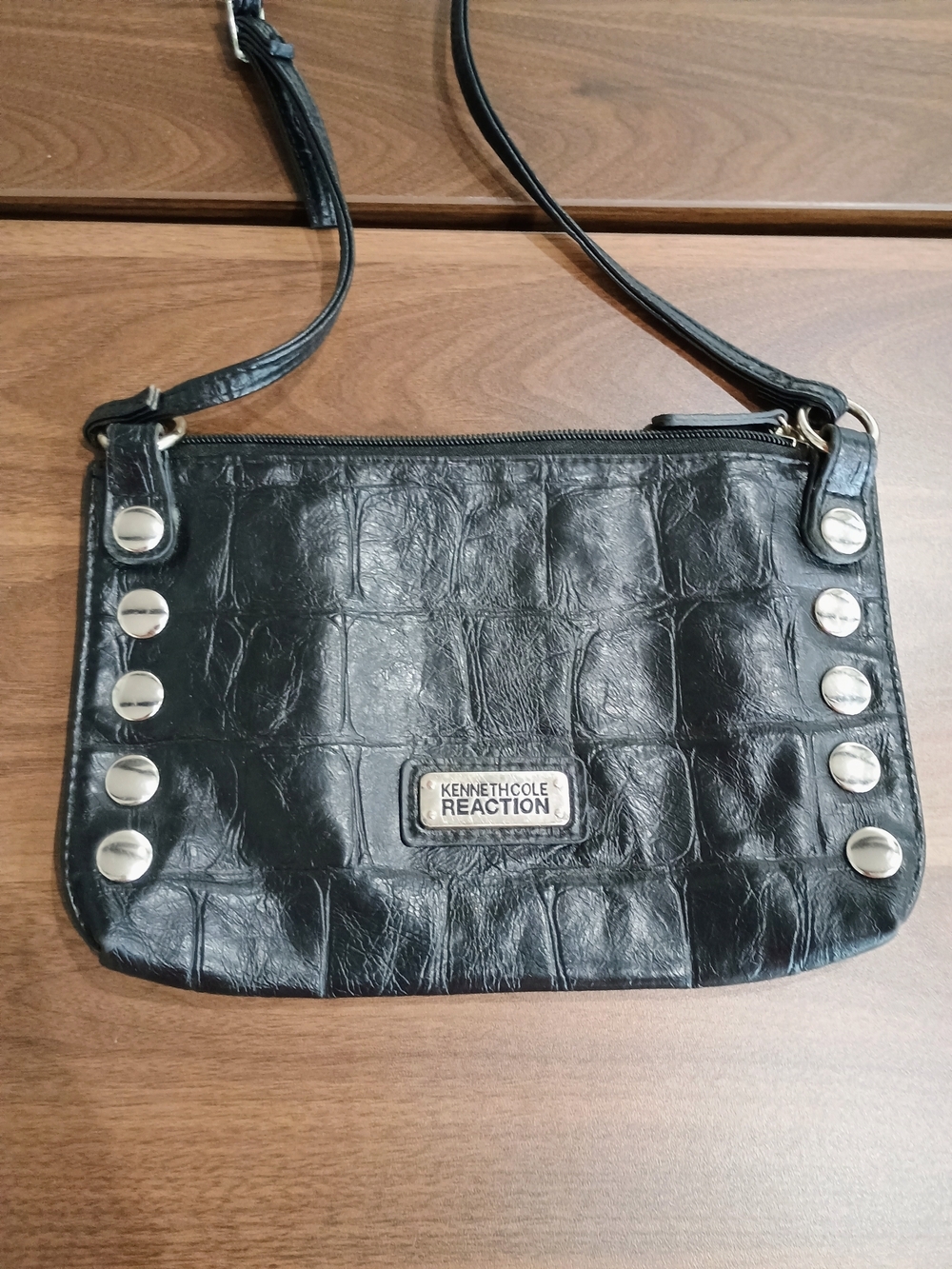 Kenneth Cole Reaction Black Croc-Embossed Crossbody with Silver Studs